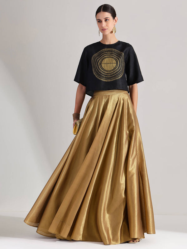 Silk Tissue Statement Print Skirt Set - Black & Gold