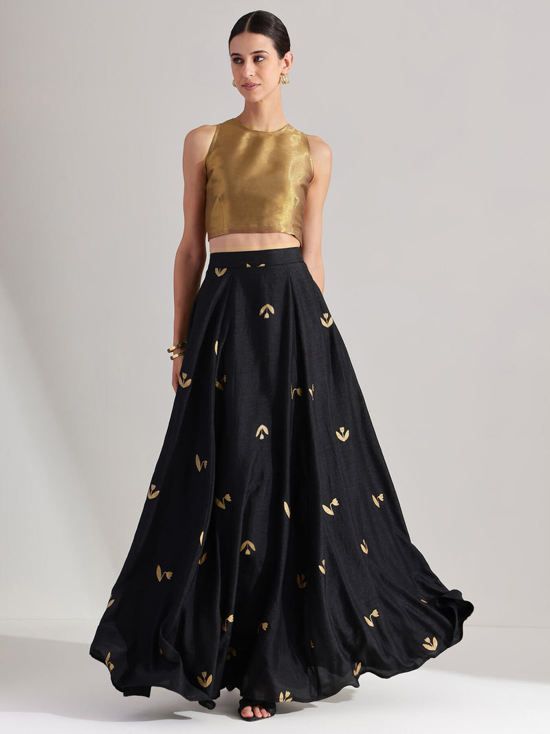 Gold Tissue Solid A-Line Skirt Set - Black & Gold