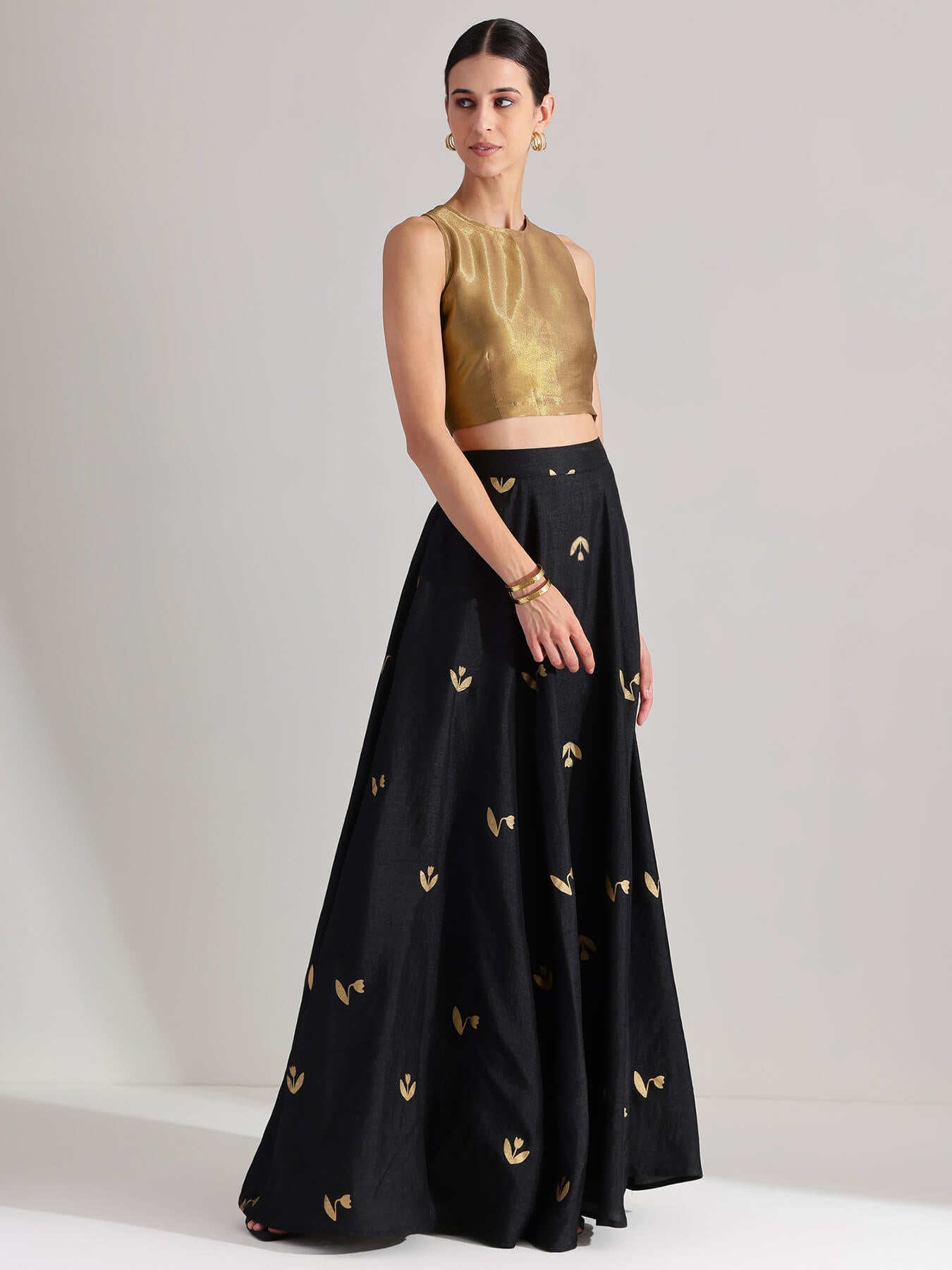 Gold Tissue Solid A-Line Skirt Set - Black & Gold