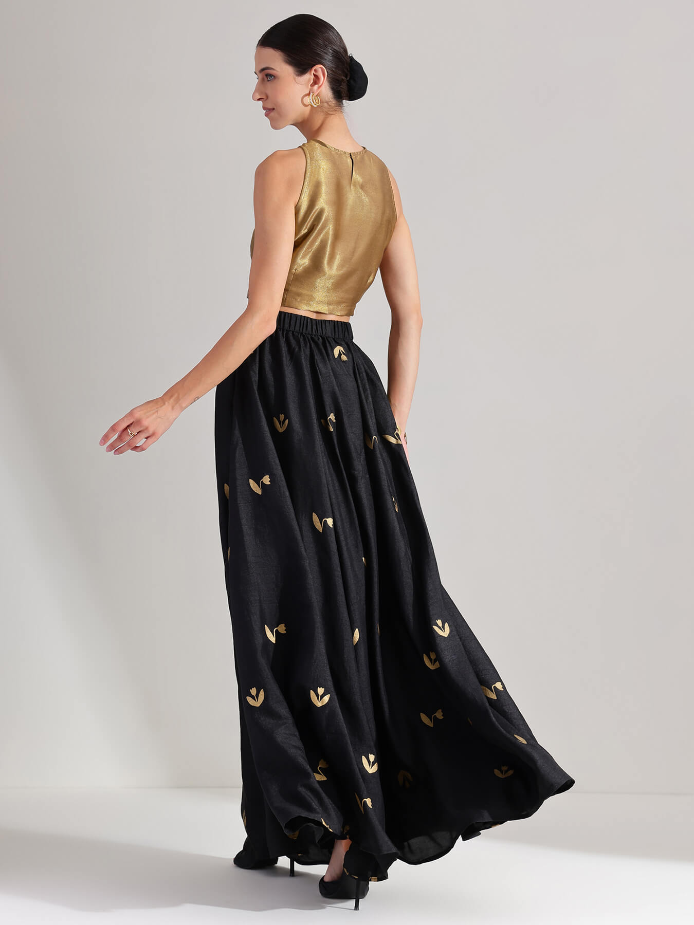 Gold Tissue Solid A-Line Skirt Set - Black & Gold