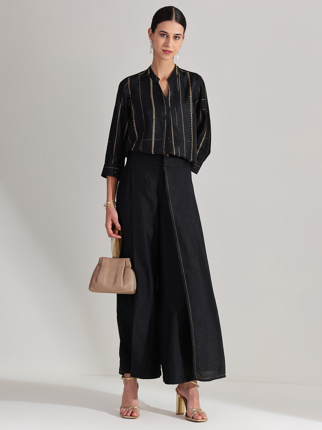 Silk Blend Geometric Print Co-ord Set - Black & Gold