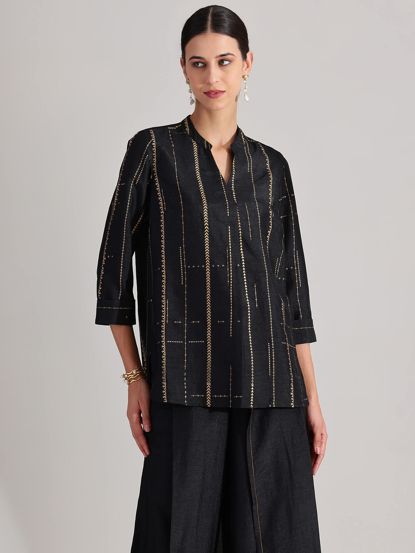 Silk Blend Geometric Print Co-ord Set - Black & Gold