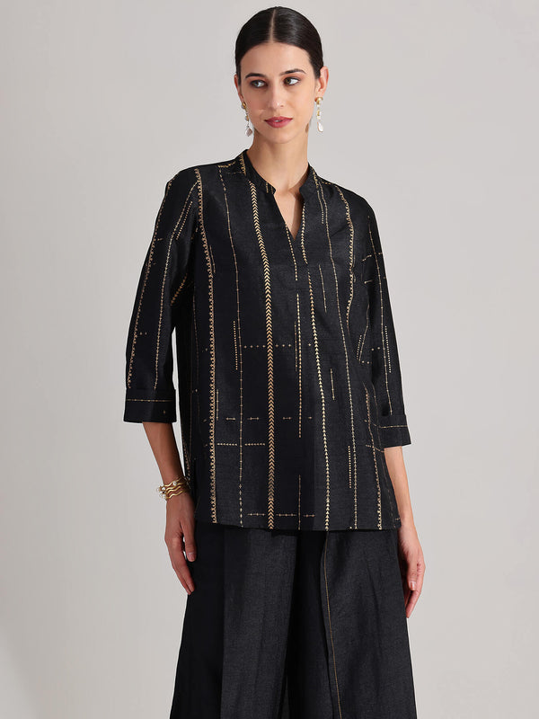 Silk Blend Geometric Print Co-ord Set - Black & Gold