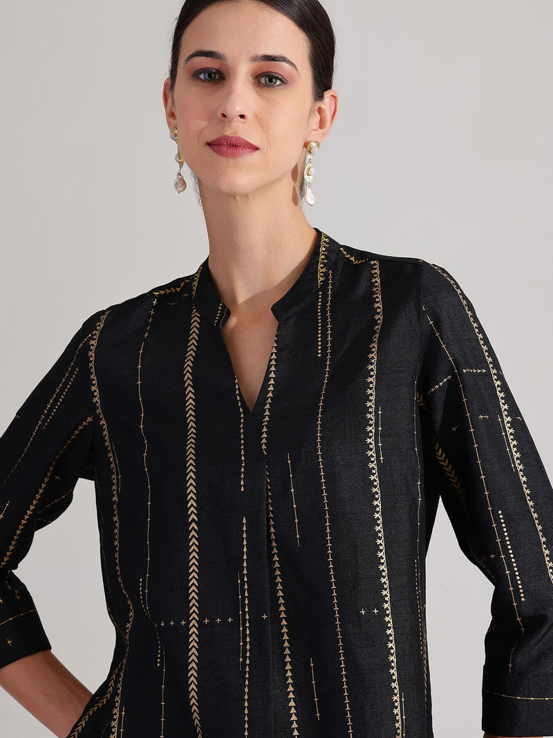 Silk Blend Geometric Print Co-ord Set - Black & Gold