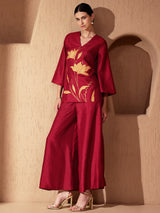 Silk Floral Statement Print Co-ord Set - Maroon & Gold