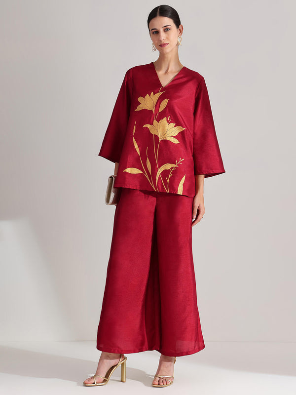 Silk Floral Statement Print Co-ord Set - Maroon & Gold