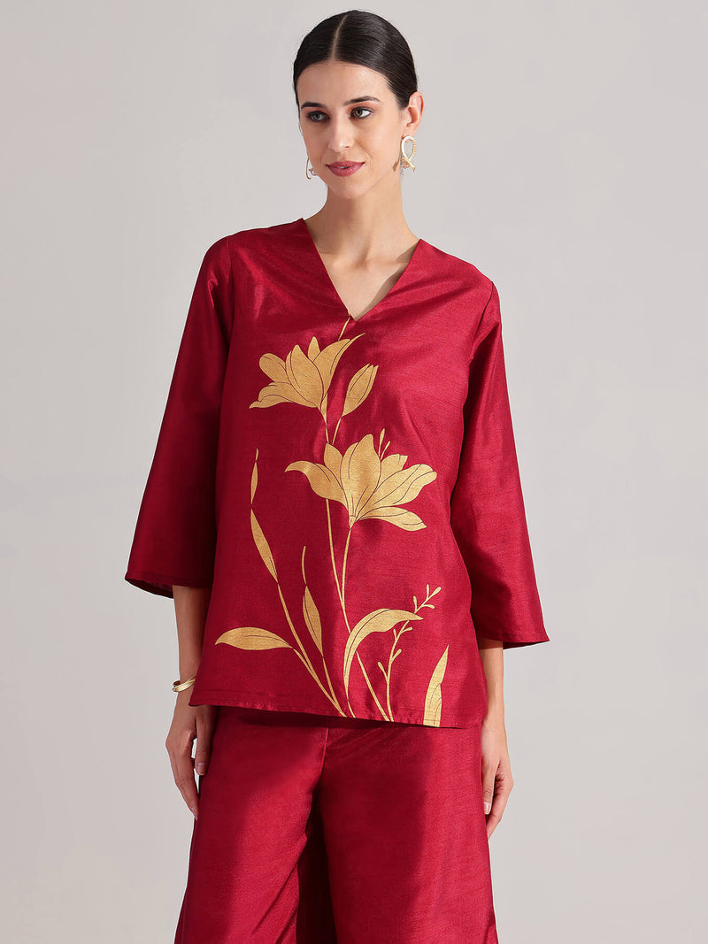Silk Floral Statement Print Co-ord Set - Maroon & Gold