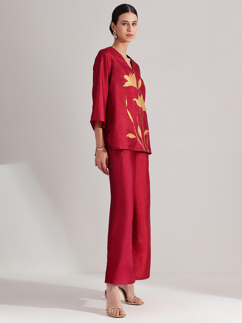Silk Floral Statement Print Co-ord Set - Maroon & Gold