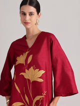Silk Floral Statement Print Co-ord Set - Maroon & Gold