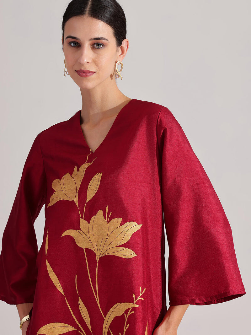 Silk Floral Statement Print Co-ord Set - Maroon & Gold