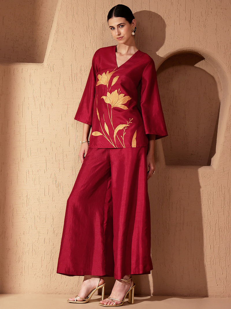 Silk Floral Statement Print Co-ord Set - Maroon & Gold