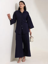 Linen Blend Solid Co-ord Set - Navy Blue