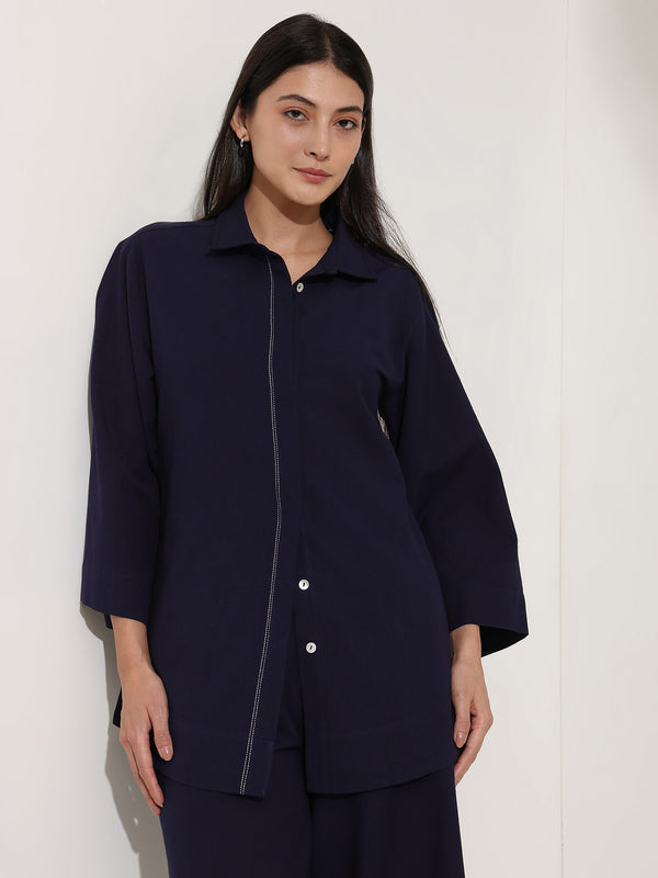 Linen Blend Solid Co-ord Set - Navy Blue