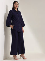 Linen Blend Solid Co-ord Set - Navy Blue