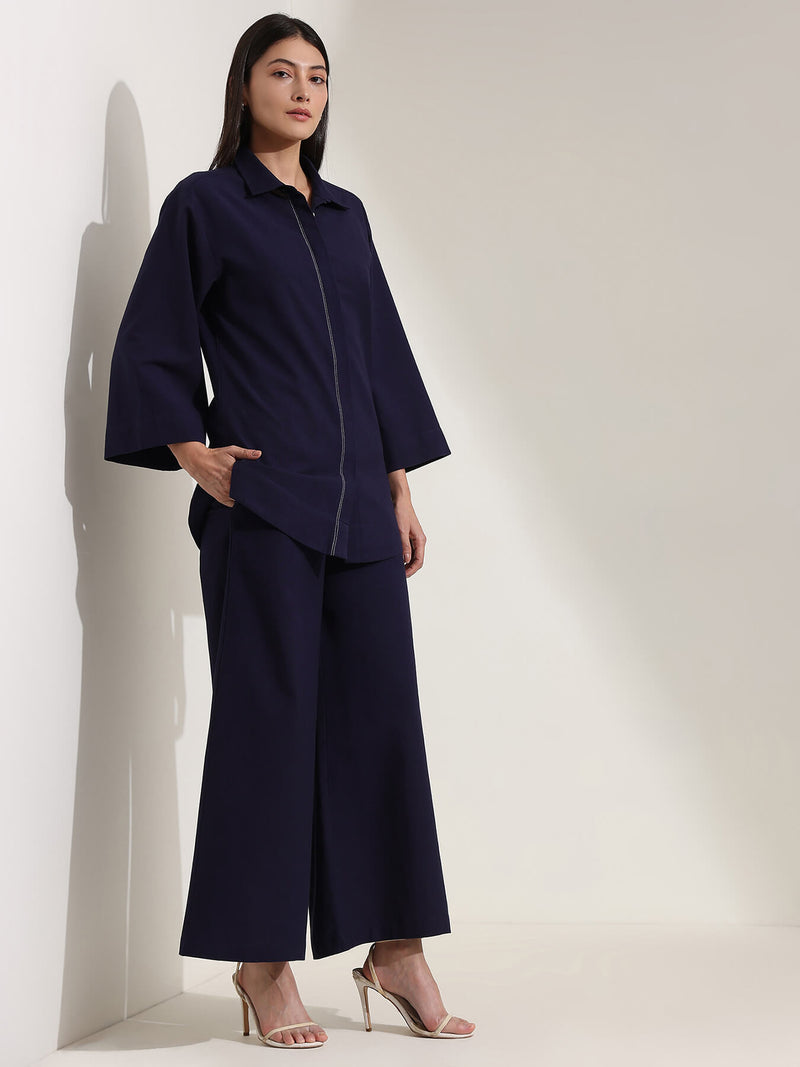 Linen Blend Solid Co-ord Set - Navy Blue