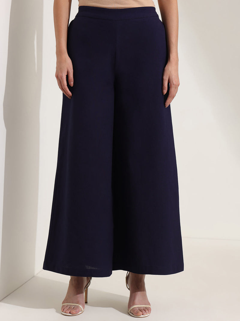 Linen Blend Solid Co-ord Set - Navy Blue