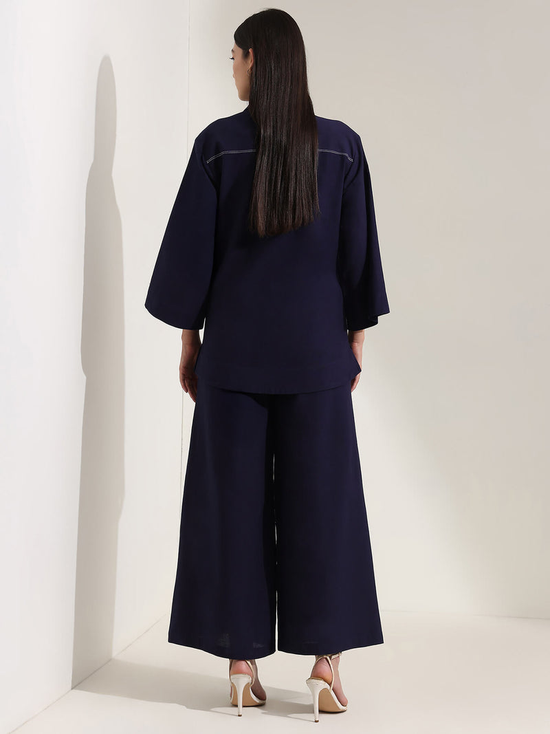Linen Blend Solid Co-ord Set - Navy Blue