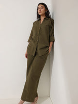 Linen Blend Solid Co-ord Set - Olive