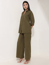 Linen Blend Solid Co-ord Set - Olive