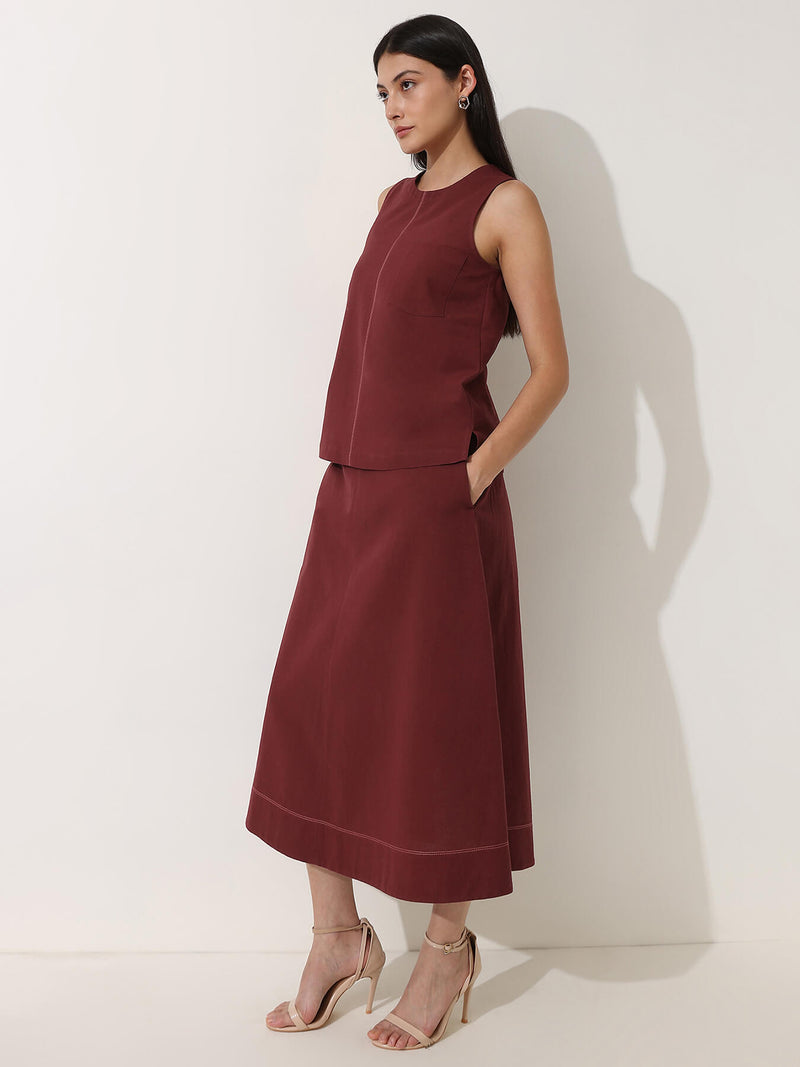 Linen Blend Solid Co-ord Set - Maroon