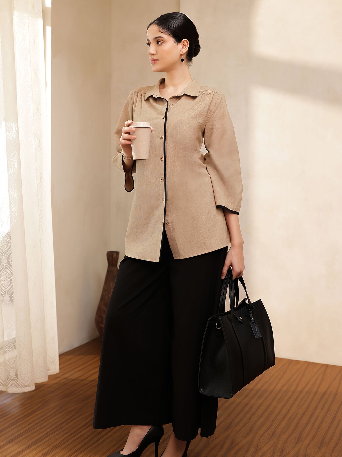 Linen Blend Solid Co-ord Set - Beige and Black