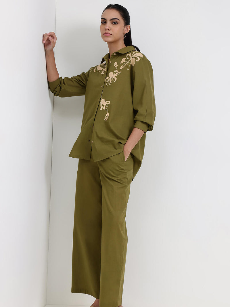 Cotton Floral Co-ord Set - Olive