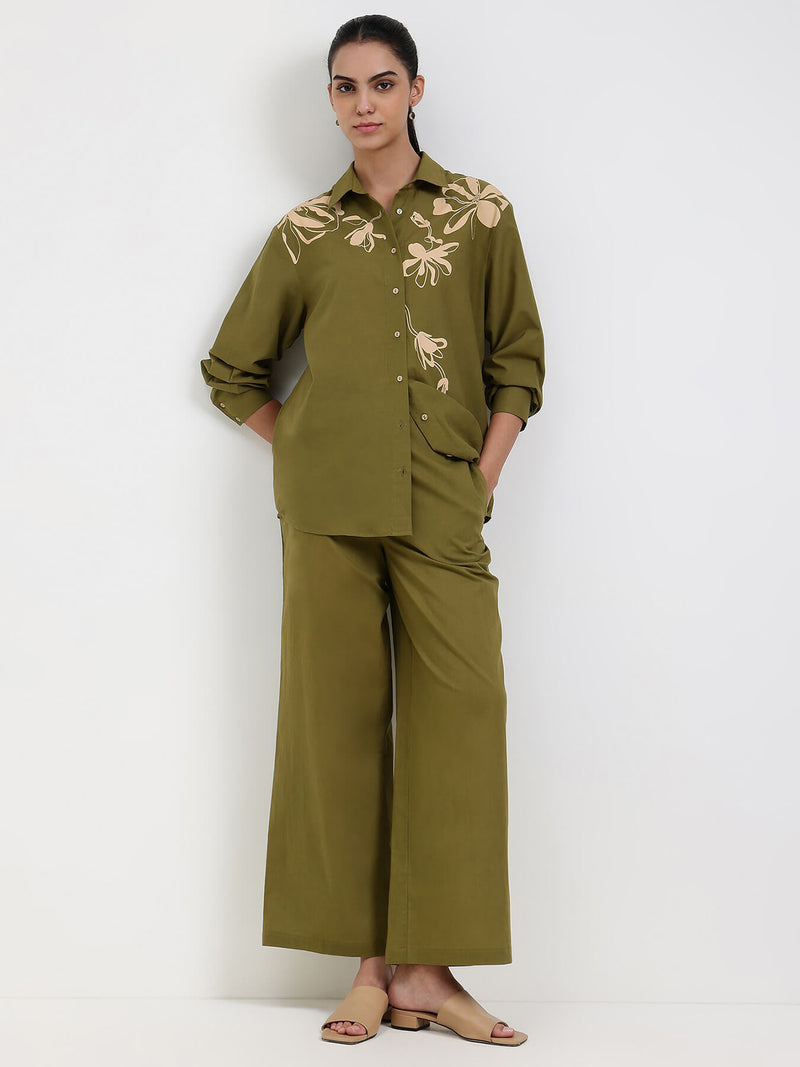 Cotton Floral Co-ord Set - Olive