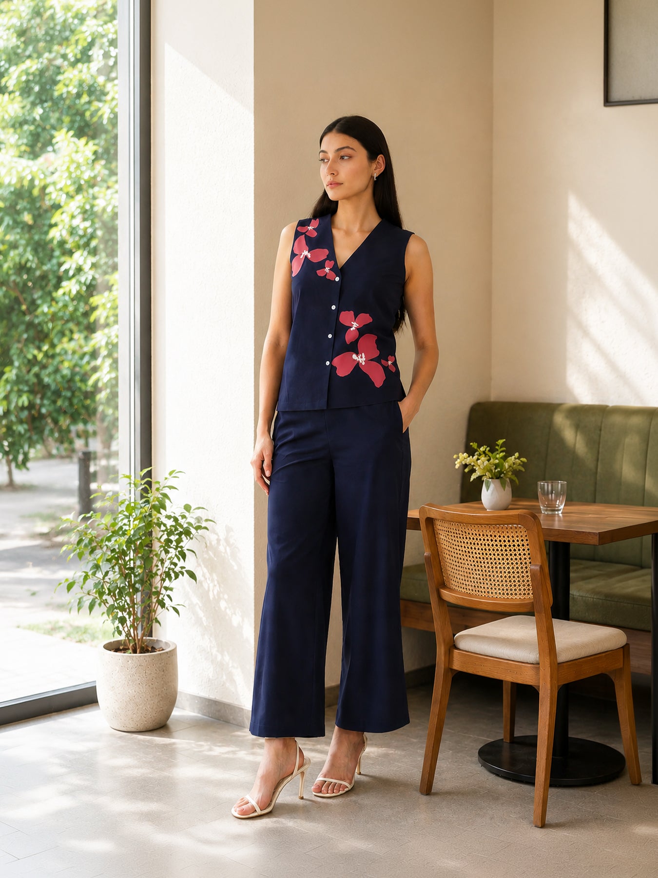 Cotton Floral Co-ord Set - Navy Blue