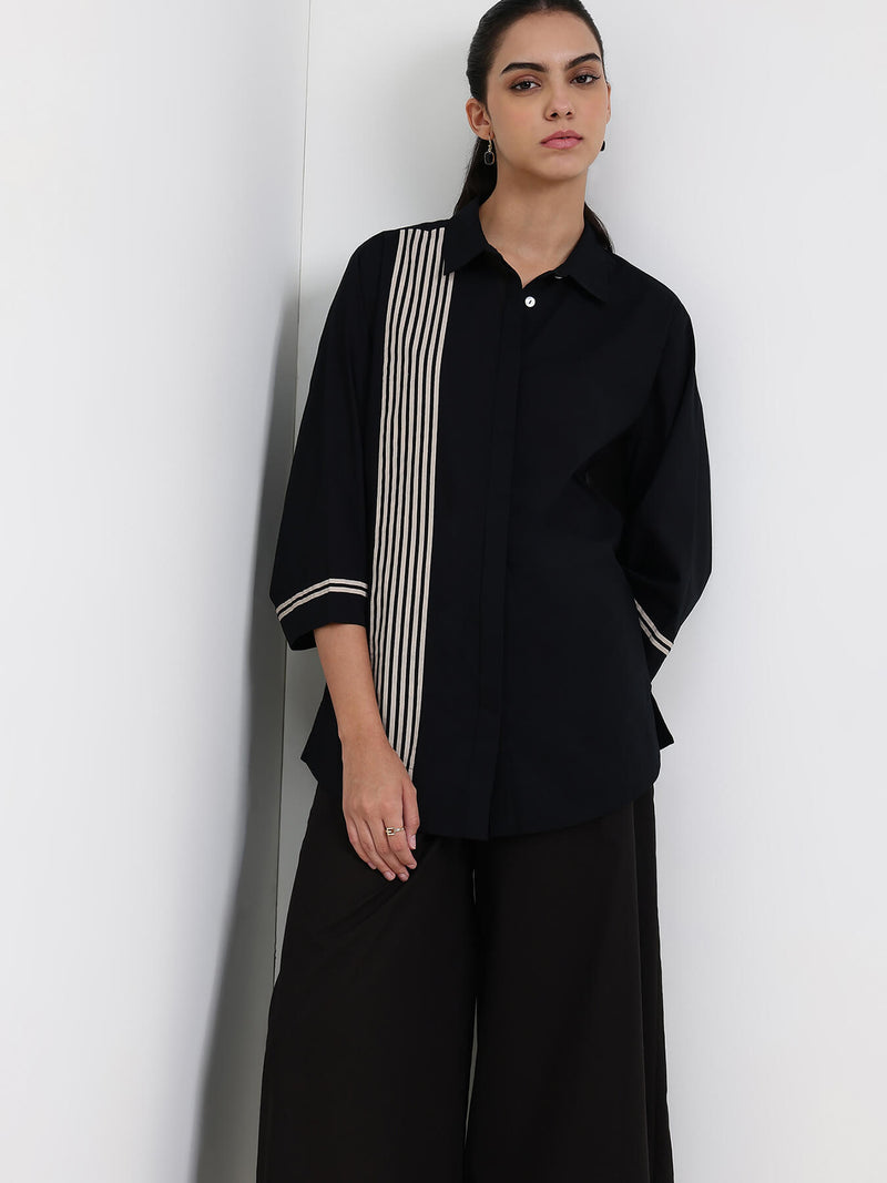 Cotton Striped Co-ord Set - Black