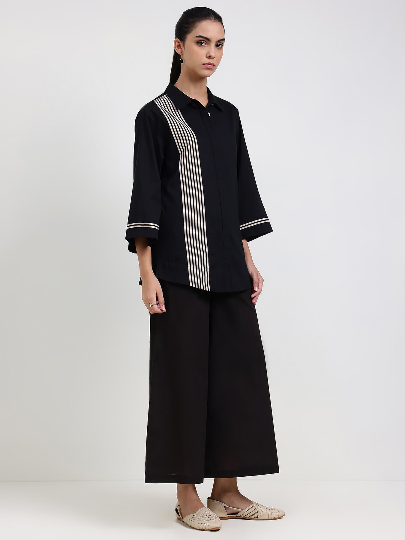 Cotton Striped Co-ord Set - Black