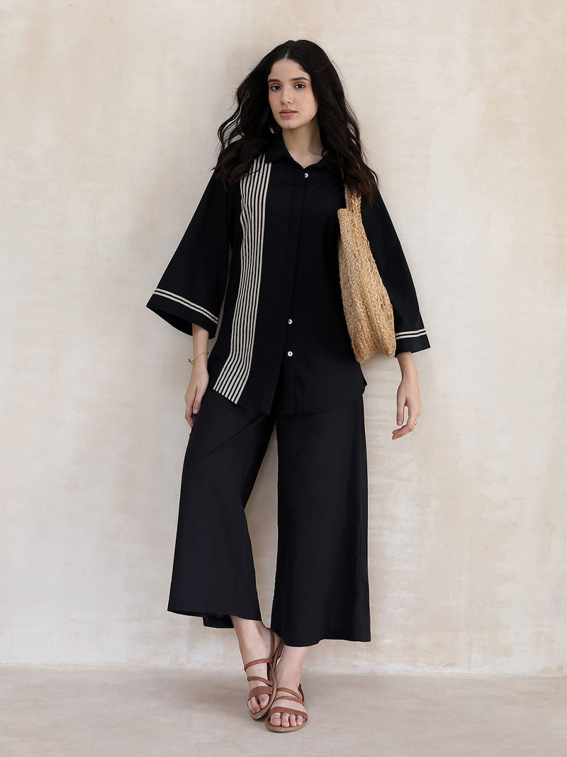 Cotton Striped Co-ord Set - Black