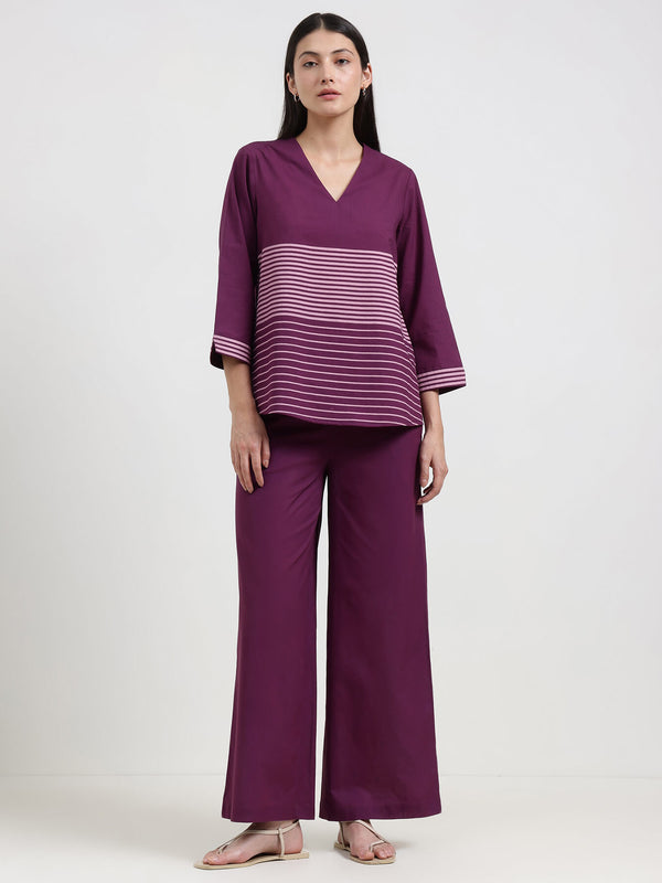 Cotton Striped Co-ord Set - Purple