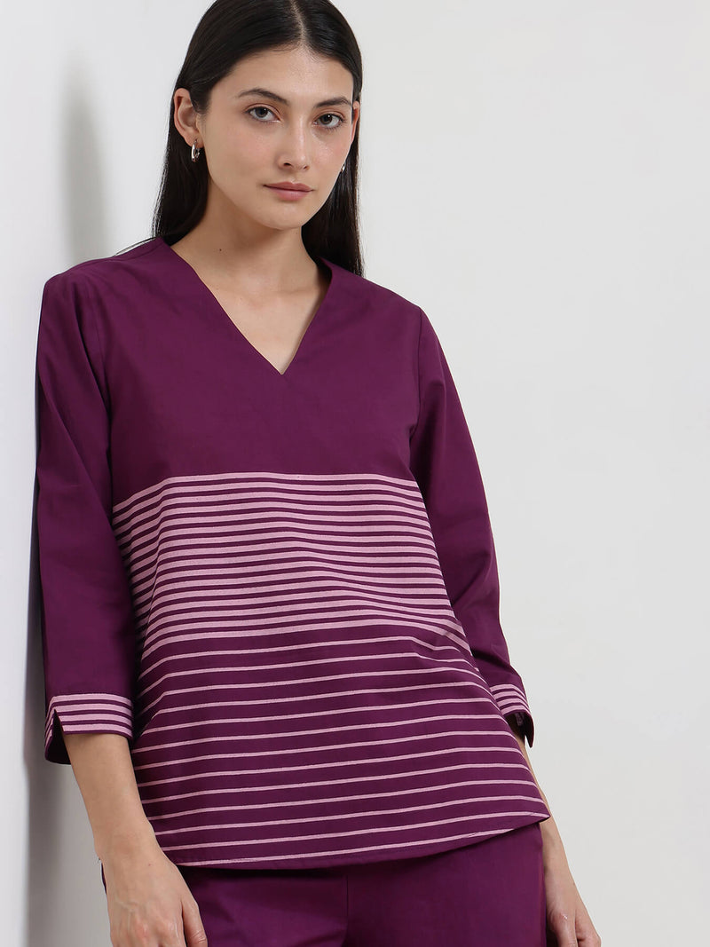 Cotton Striped Co-ord Set - Purple