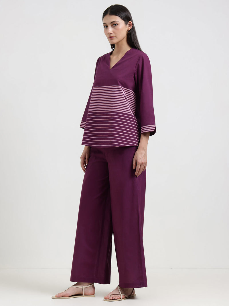 Cotton Striped Co-ord Set - Purple