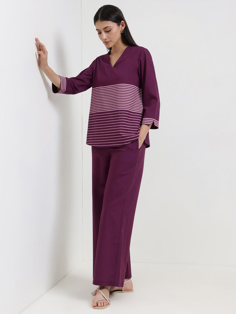 Cotton Striped Co-ord Set - Purple