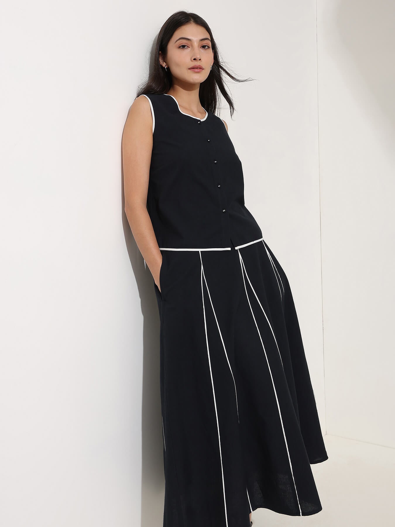 Linen Blend Colourblock Co-ord Set - Black