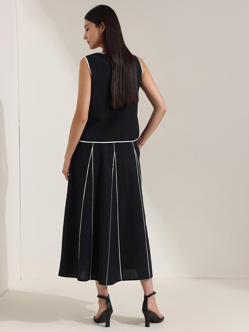 Linen Blend Colourblock Co-ord Set - Black