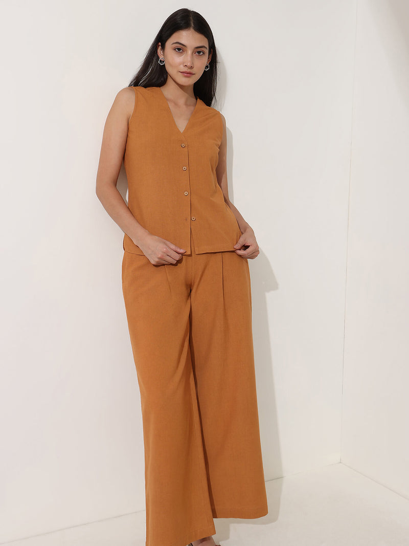 Linen Blend Solid Co-ord Set - Mustard