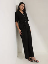 Linen Blend Solid Co-ord Set - Black
