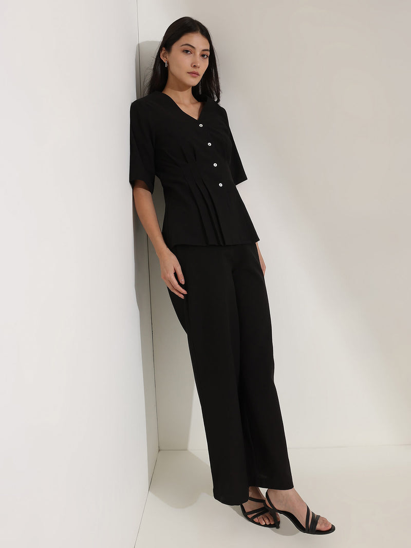 Linen Blend Solid Co-ord Set - Black