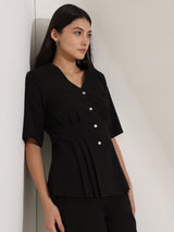 Linen Blend Solid Co-ord Set - Black