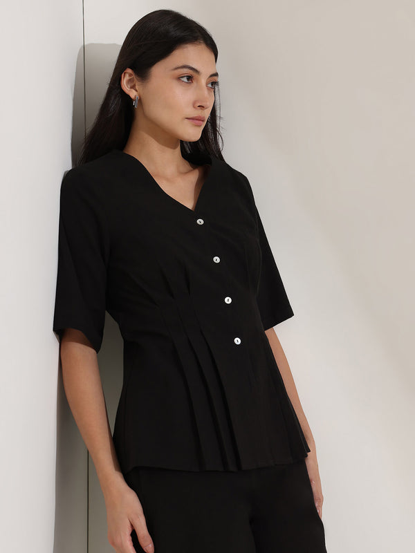 Linen Blend Solid Co-ord Set - Black