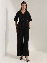 Linen Blend Solid Co-ord Set - Black