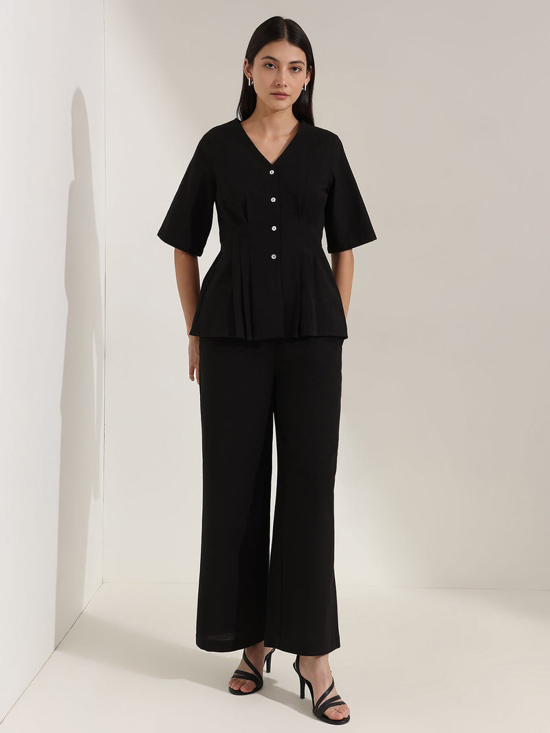 Linen Blend Solid Co-ord Set - Black