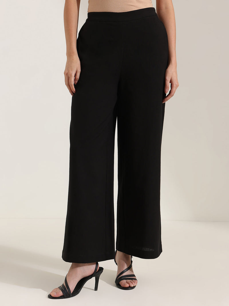 Linen Blend Solid Co-ord Set - Black