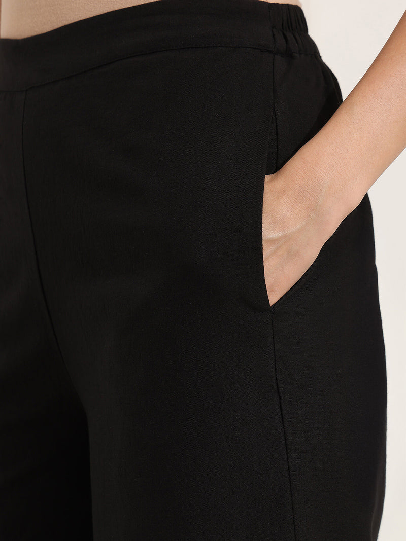 Linen Blend Solid Co-ord Set - Black