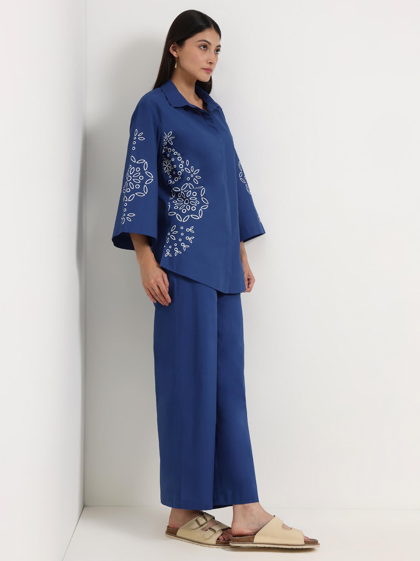 Cotton Floral Shirt Style Co-Ord Set - Blue