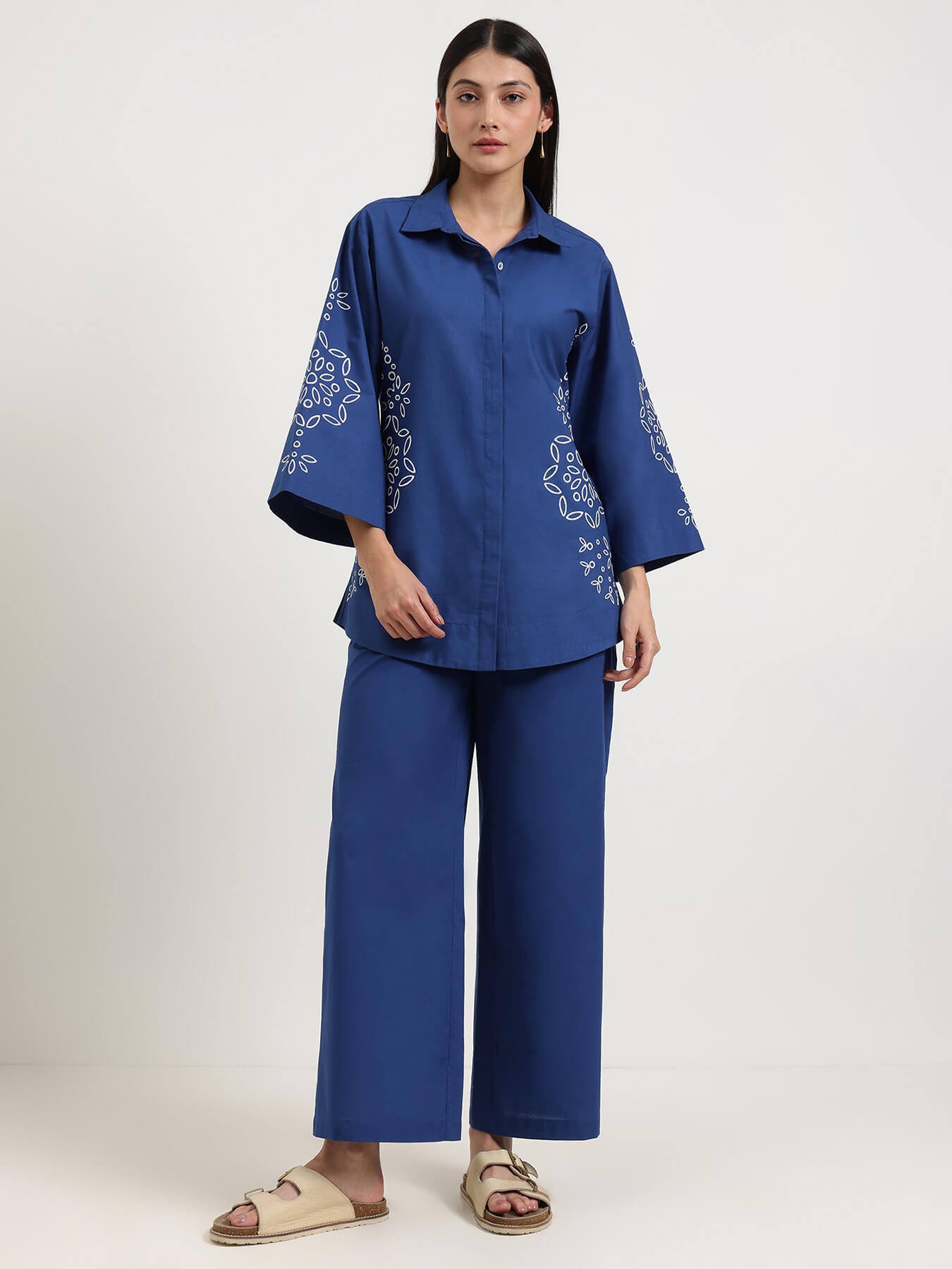 Cotton Floral Shirt Style Co-Ord Set - Blue