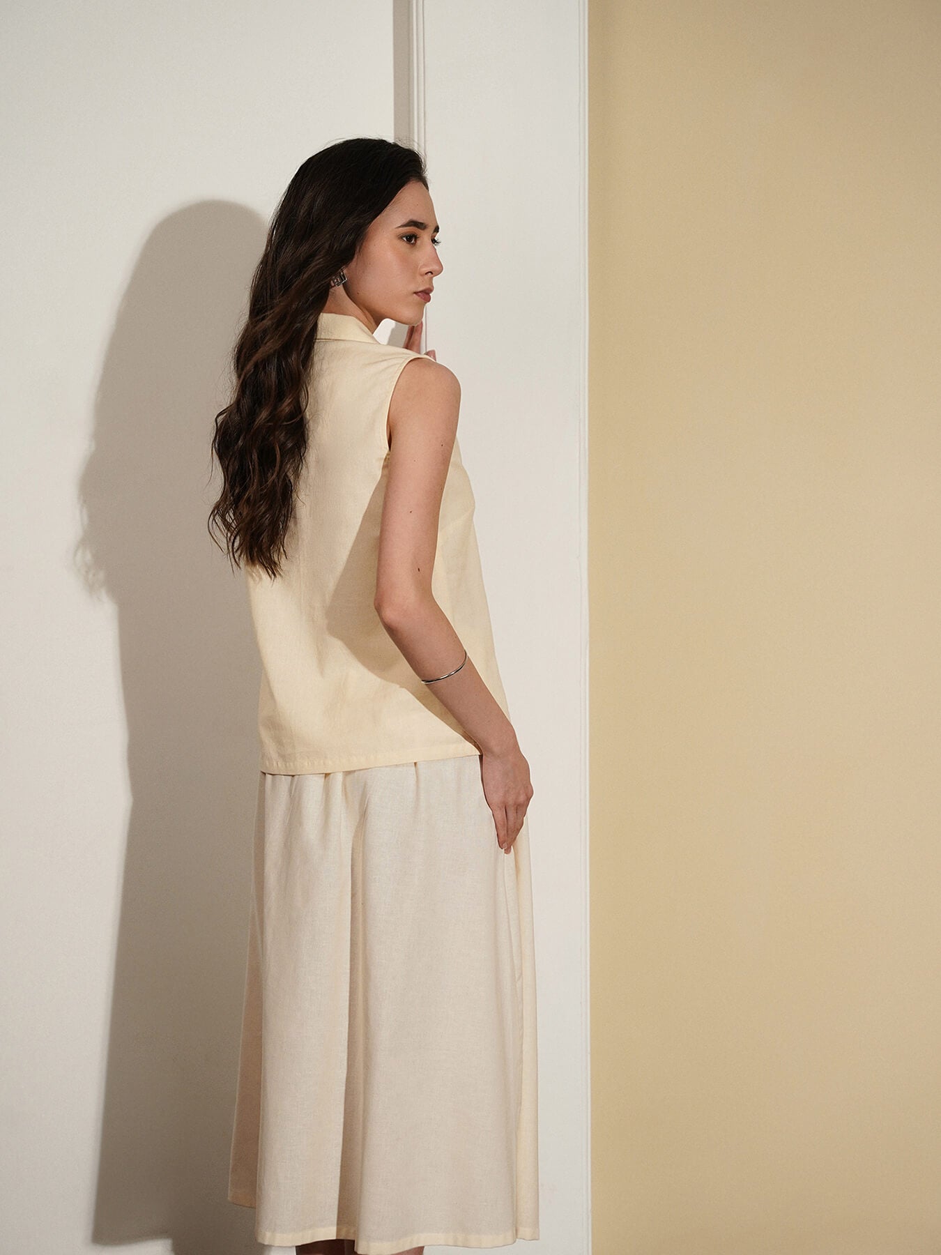 Linen Blend Solid Shirt Style Co-Ord Set - Off White