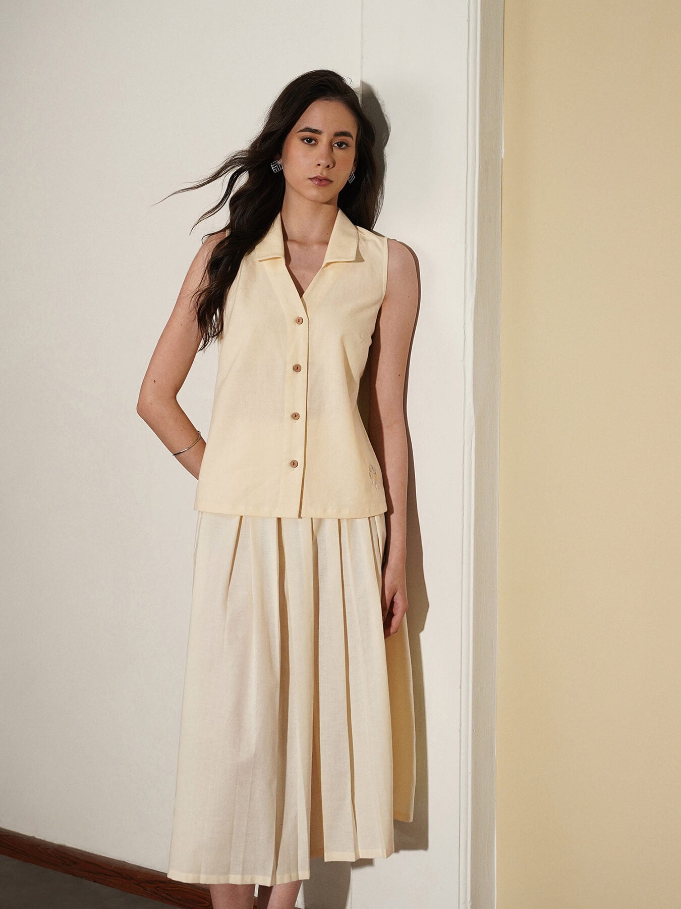 Linen Blend Solid Shirt Style Co-Ord Set - Off White